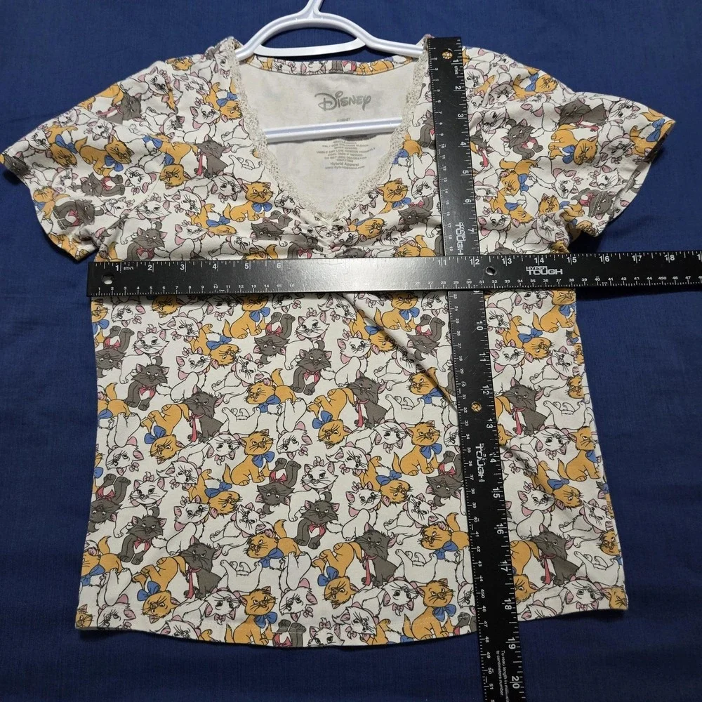 Disney Top Womens Small Lace Trim Aristocats Marie Cat Print Ruched V-Neck